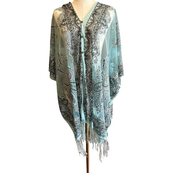Teal Burn Out Poncho Shawl Paisley Women's One Size Sheer Fringe BOHO Artsy - Picture 1 of 8